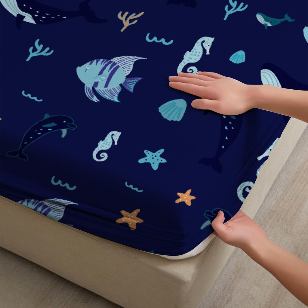 3pcs Soft Fitted Sheet Set Gifts Simple Style For Kids Ocean Animals Sea Life Pattern Print Washable Bed Sheet With Pillowcases