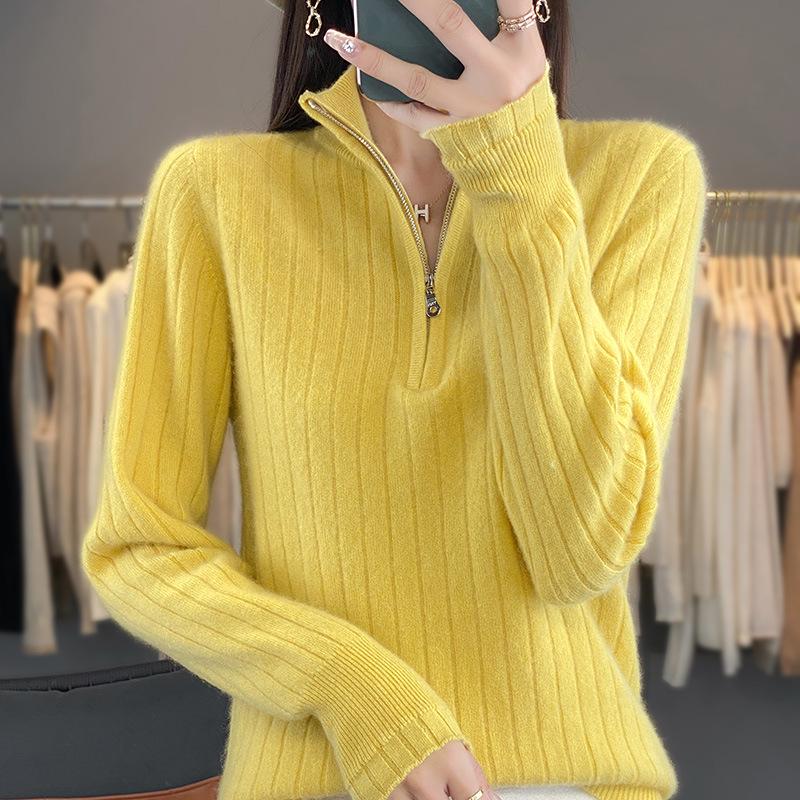 Women's Heavy-Duty Half-Zip Cable Knit Wool Sweater - Warm, Thickened Stand Collar for Autumn & Winter