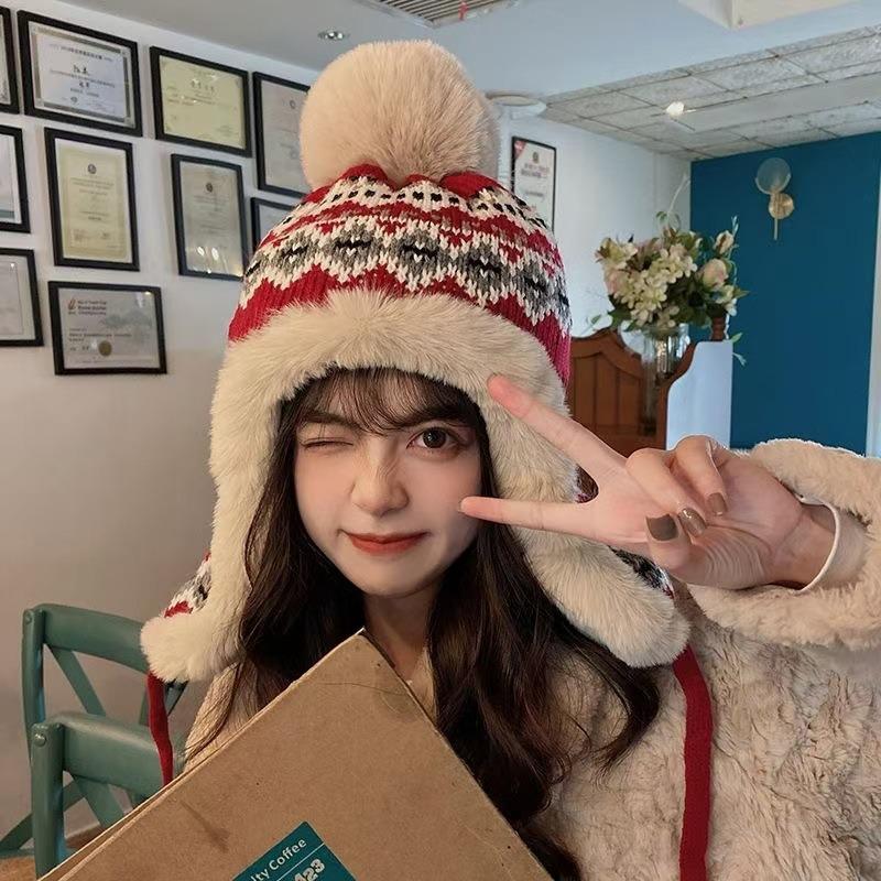 Warm Plush Aviator Hat for Women,Thick Warm Windproof Head Cap with Ear Flap Chin Strap,Cute Pom Pom,Suitable for Daily Wear