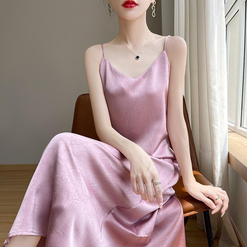 Light Luxury High-end Style Printed Satin Suspender Dress Women's New Temperament New Chinese Acetic Acid Dress
