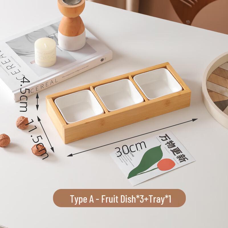 Wuhe Japanese Style Bamboo Fiber Divided Serving Tray Set with 3 Ceramic Dishes