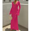 European-American V-Neck Hollow Texture Long-Sleeve Beach Dress