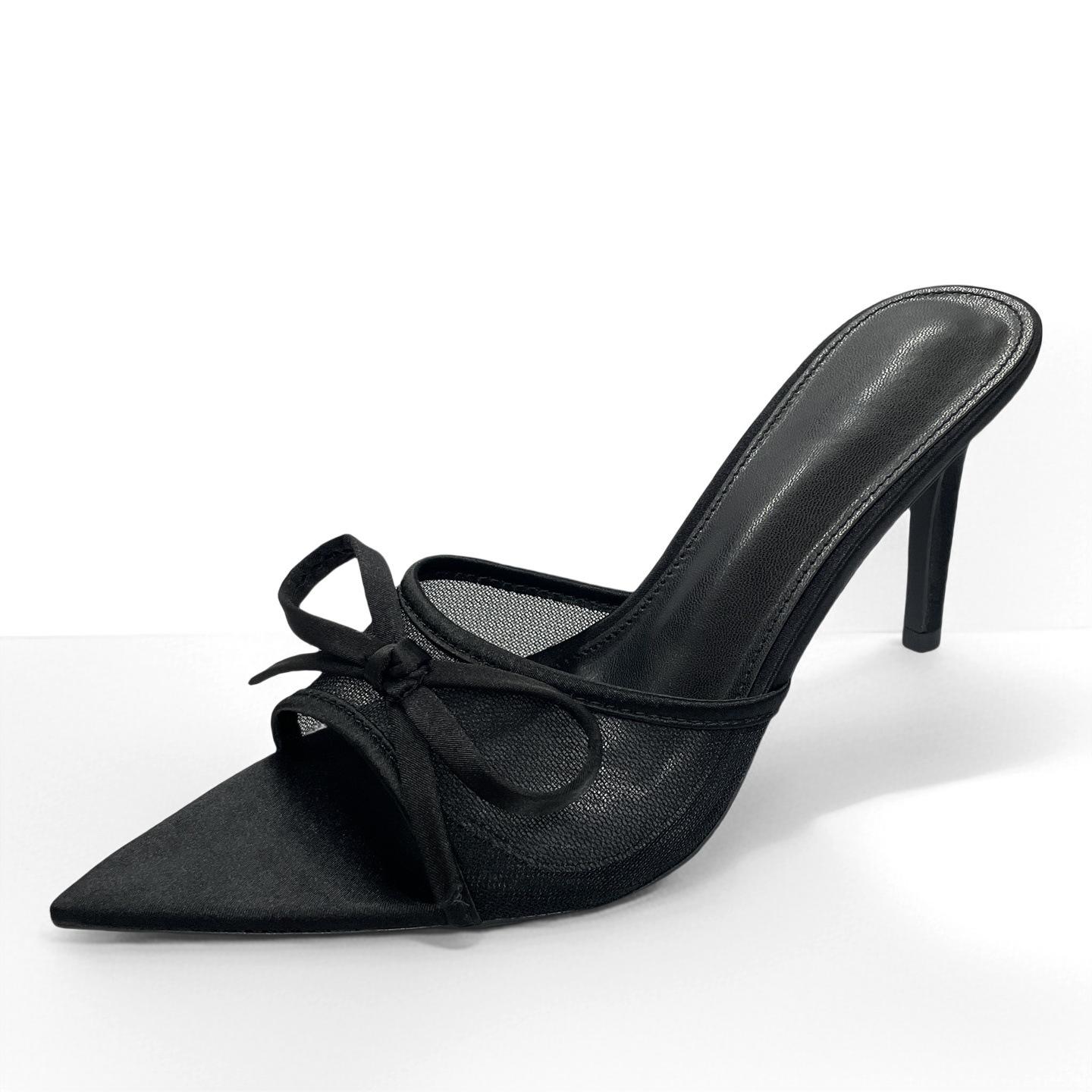 

2025 summer breathable open-toed pointed half-drag women s shoes sweet bow sandals European and American temperament mesh high heels 42