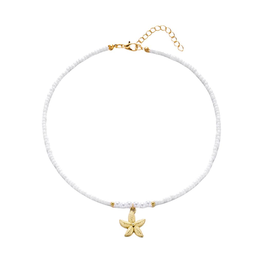 Bohemian Starfish Pendant Pearls Bead Necklace Adjustable Length Portable Jewelry for Beach Vacation and Parties