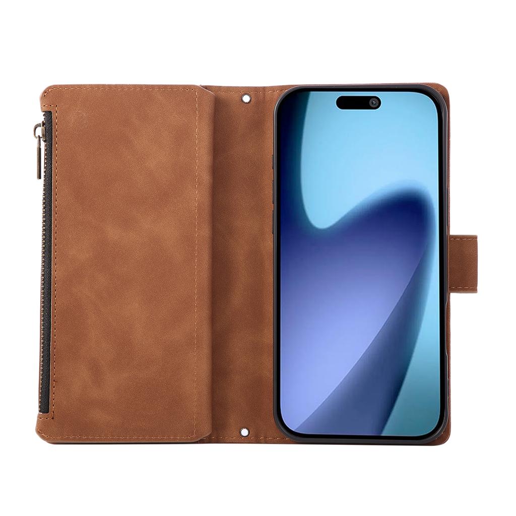 For iPhone 17 Pro Max Case Zipper Wallet Multiple Card Slots Leather Phone Cover with Wrist Strap
