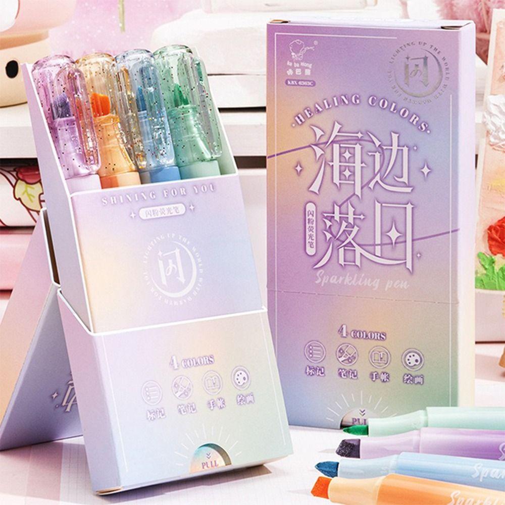 4PCs/Set High Quality Oblique Tip Shiny Highlighter Pen Glitter Eye Protection Marker Pen Hand Account Pen Gift