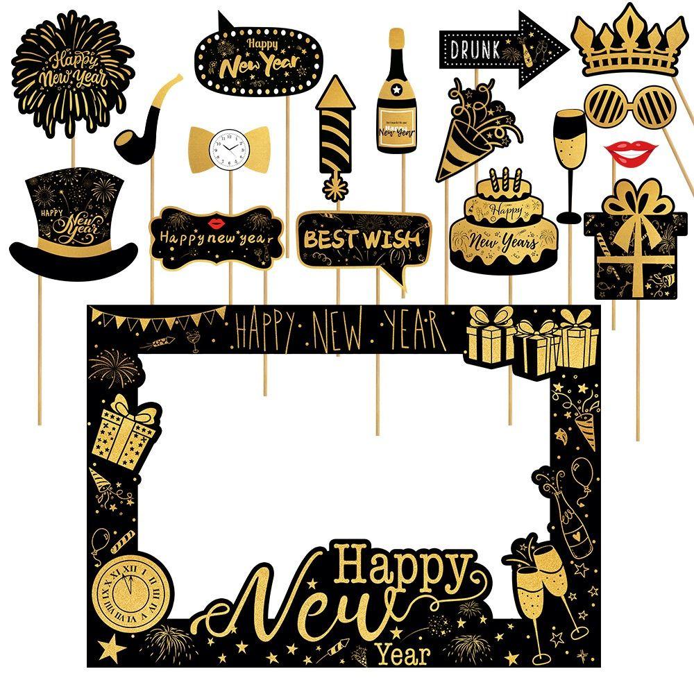 

Paper Photo Booth Props Black Gold Xmas Photo Supplies Fashion New Year Frame Christmas Set 2