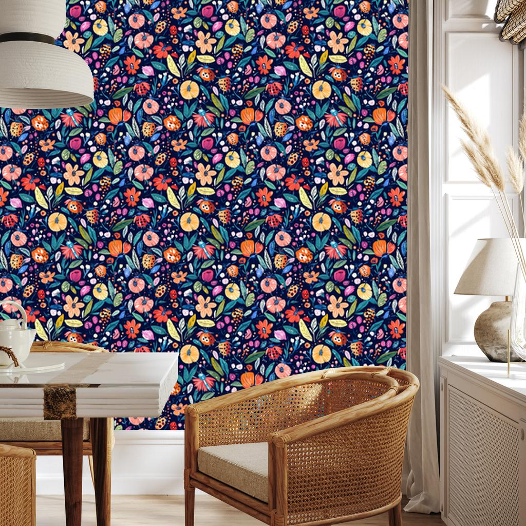 Ladybugs Wallpaper Navy Blue for Living Room and Bedroom 50x1000