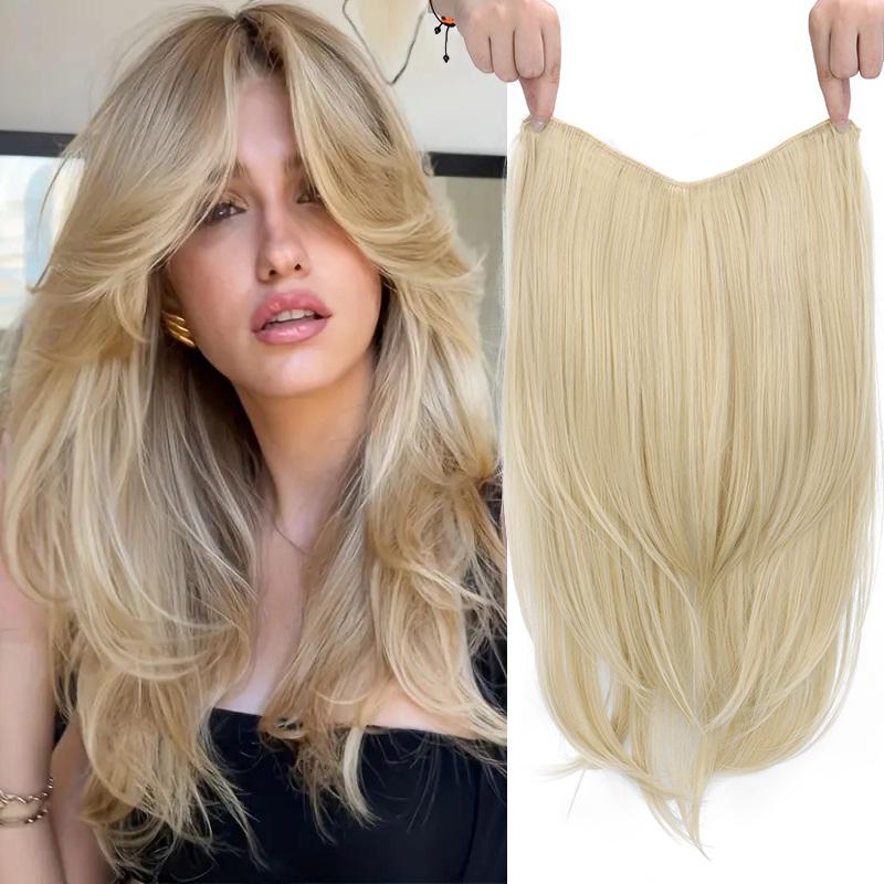 

22Inch Synthetic Long Straight Layered Clip-in Hair Extension V-shaped Black Blonde Invisible Hairpiece for Women 2028 22inches&1pc