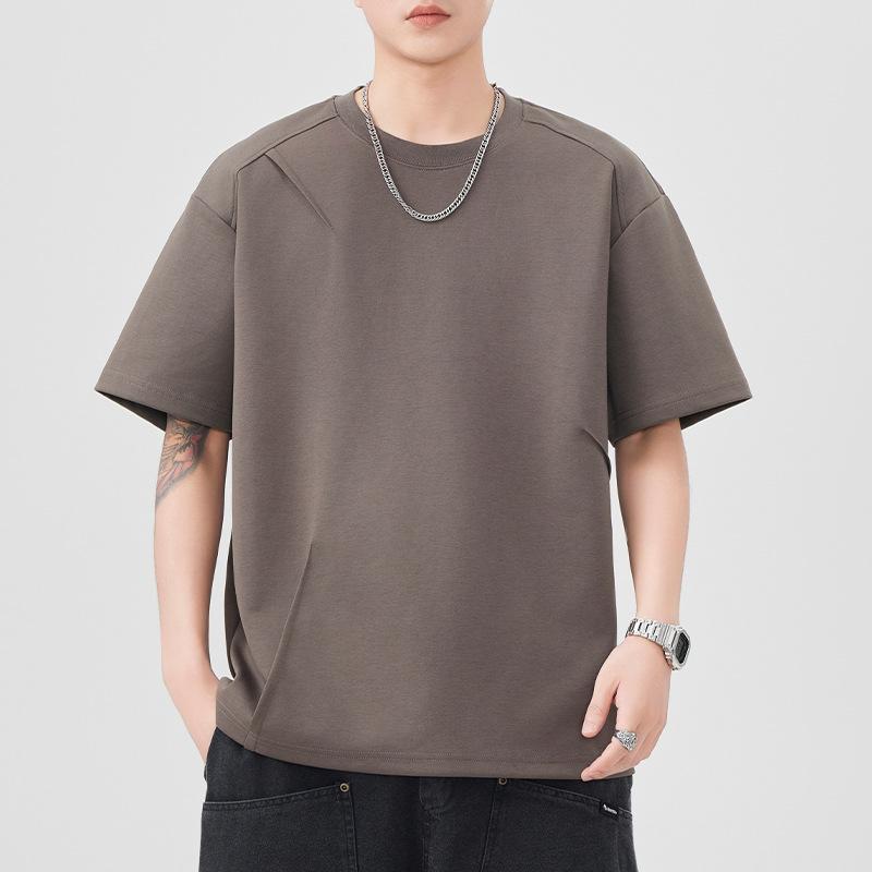New Summer Short-sleeved T-shirt for Men's Pleated Round Neck Loose Five-point Sleeve T-shirt Japanese Retro