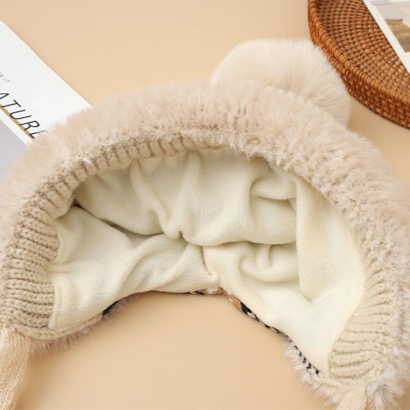 Fair Island Style Winter Plaid Bright Silk Plus Velvet Hat Versatile Sweet Ball Hat Outdoor Travel Cold Warm Hat Korean