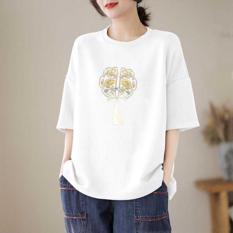 Women's Chinese Knot Embroidery Drop Shoulder T-Shirt