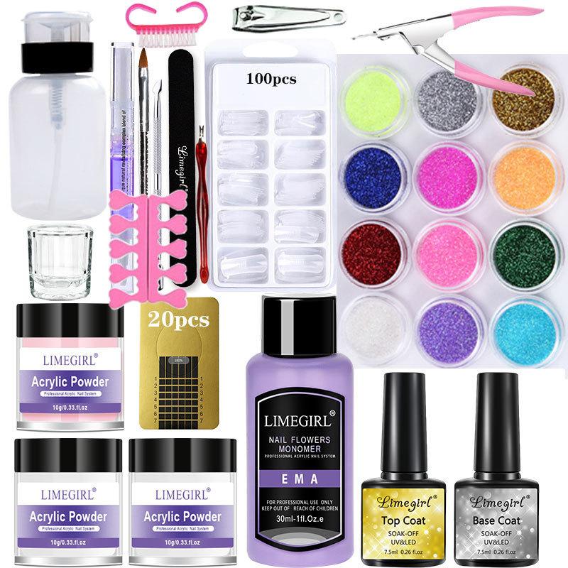 Nail Art Beginner Crystal Nail Kit White Clear Pink Powder Set 12 Colors Glitter French Nail Tips