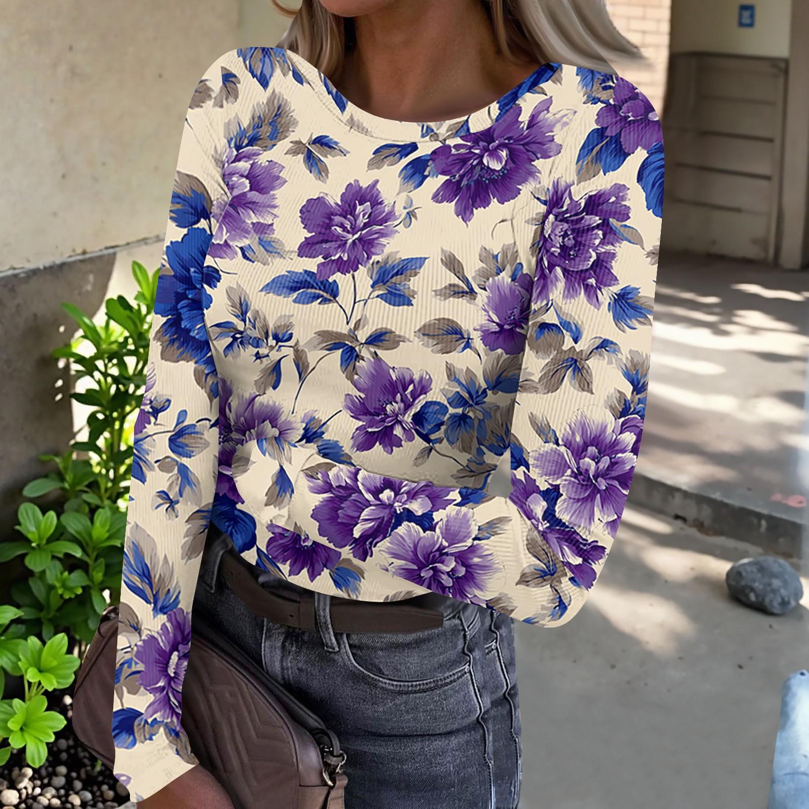 

Women s Casual Ribbed Long Sleeve Top Floral Print Crew Neck Stretchy Slim Fit Lightweight Shirt for Everyday Wear S