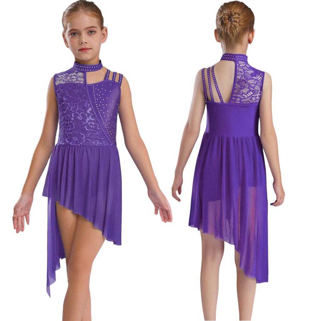 Meisjes Dans Leotard Jurk – Mouwloos Hoge Hals, Bloemenkant & Strass Steentjes, Asymmetrische Schouder & Onregelmatige Zoom voor Ballet & Lyrisch