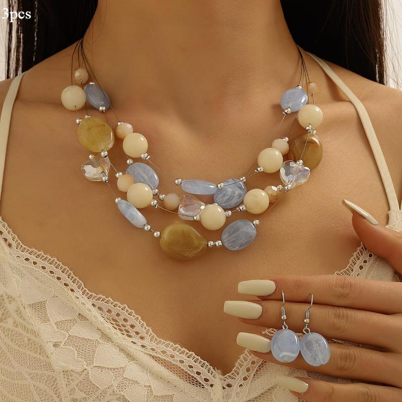3Pcs/set  Summer Jewelry Set - Colorful Beaded Necklace and Earrings, Perfect for Parties & Vacations