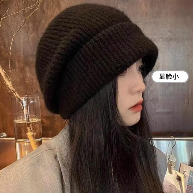 New Knitted Hat Women's Autumn and Winter Big Head Circumference Wool Hat Loose Stacking Hat Versatile Show Face Small Cold Hat