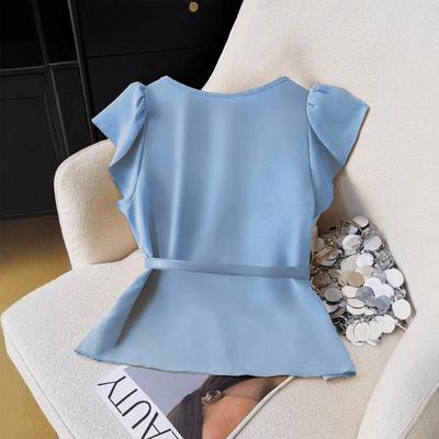 Women's Shirt Casual Soft Comfortable and Fashionable French Light-client Blue V-neck Simple and Elegant Shirt & Belt-free