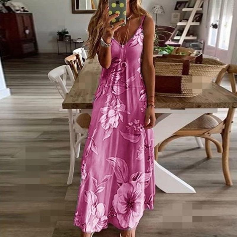 Fashion Loose Printed Suspenders Long Dress Women V Neck Plus Size Casual Simple Floral Maxi A-line Party Dresses Summer Spring Streetwear Clothing