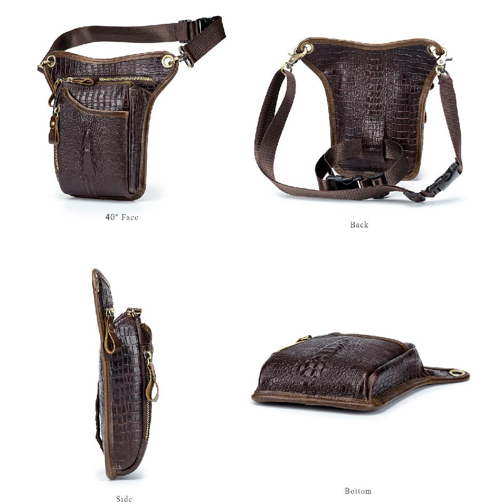 Men Vintage Crocodile Grain Top Grain Genuine Leather Motorcycle Thigh Leg Bag Multifunctional Waist Hip Fanny Pack For Riding