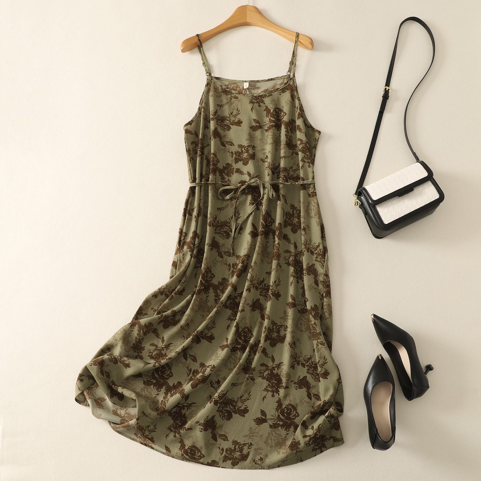 

2025 лето новое ретро-печатное хлопковое и льняное прочное, обтягивающее, тонкое и белое платье на подтяжках M зелёный