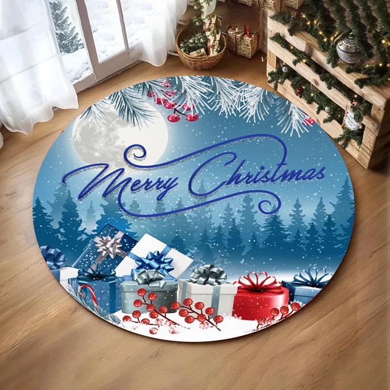 Merry Christmas Round Rug Living Room Soft Carpet Baby Girl Room Kids Playroom Mat Bedroom Soft Rug Nursery Winter Holiday Decor