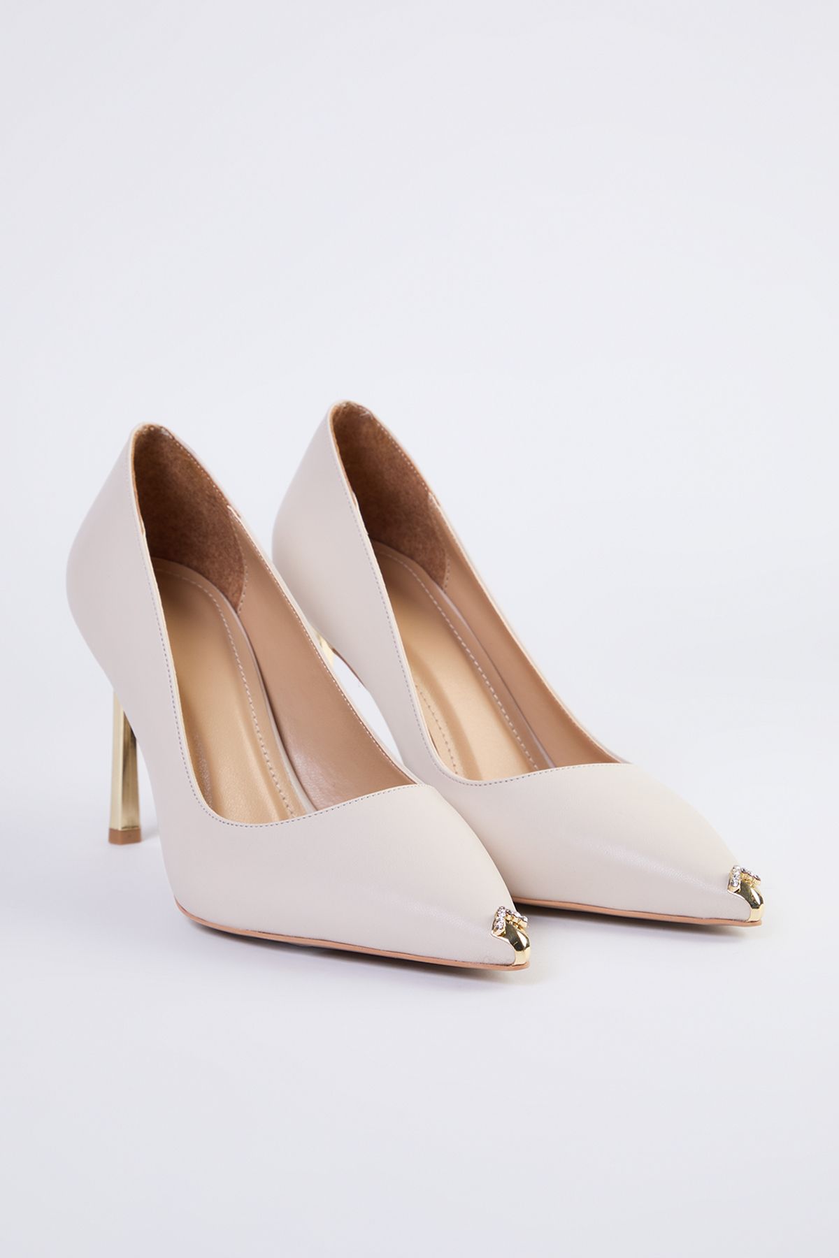 

Beige Toe Stoned Metal Heeled Women s Thin Heel Stiletto Shoes