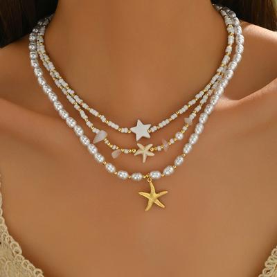 New, Bohemian Holiday Wind Rice Bead Starfish Necklace Light Luxury Niche Pearl Jewelry Necklace