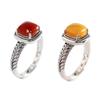 Adjustable Open Ring With Square Wheat Motif Red Agate Or Amber Inlay Vintage Bohemian Style Copper Jewelry Men Women
