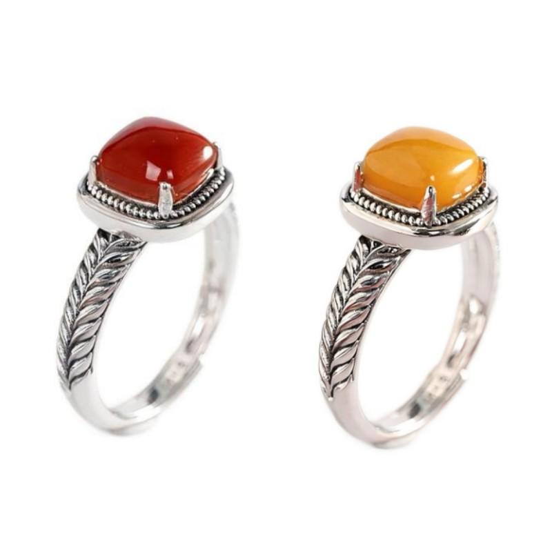 Adjustable Open Ring With Square Wheat Motif Red Agate Or Amber Inlay Vintage Bohemian Style Copper Jewelry Men Women