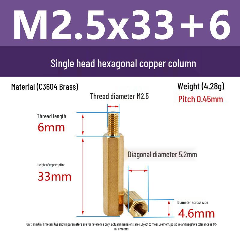 C3604 Brass Hexagonal Pillar with M2/M2.5 Internal & External Threads: Camera Stud Fixing Spacer Screw Rod