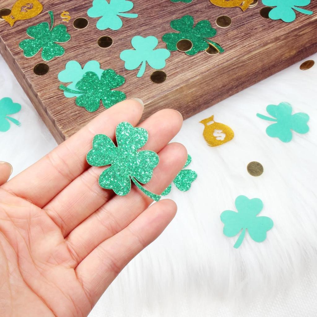 St Patricks Day Confetti for Table, Green 4 Leaf Clover and Shamrock Confetti for St Patricks Day Party Decorations, 380PCS