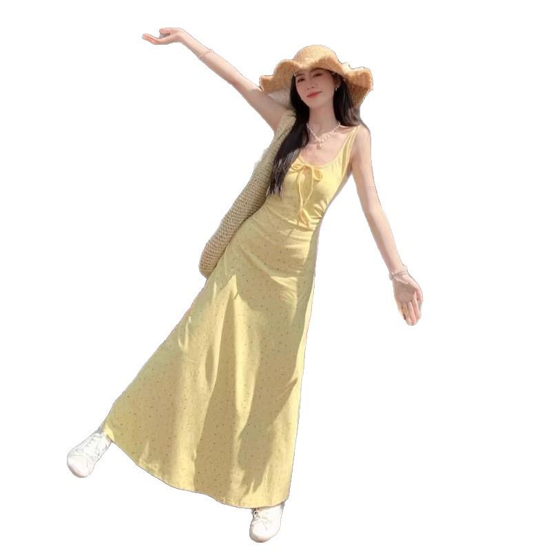 Yellow Floral Spaghetti Strap Slim-Fit Maxi Dress - Women's Japanese Sweet Style Summer Sleeveless Tank Dress