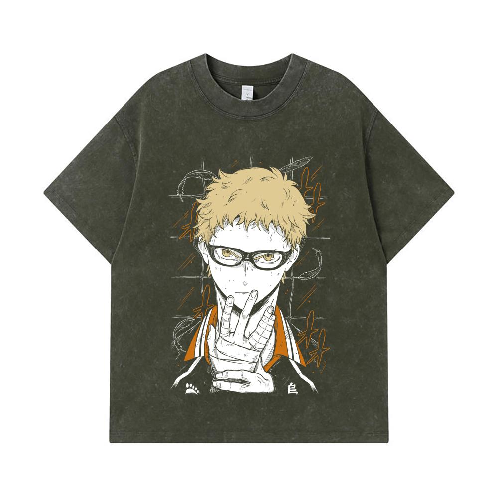 

275 GSM Washed T-shirts 100% Cotton Haikyu V4 Tsukki Print Unisex Heavy Cotton T Shirt S армия зеленый