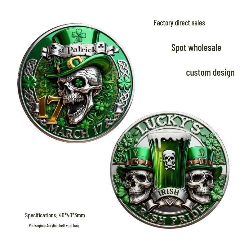 St. Patrick s Day Skull Coin with Green Hat and Shamrock Design 40x40x3mm серебряный