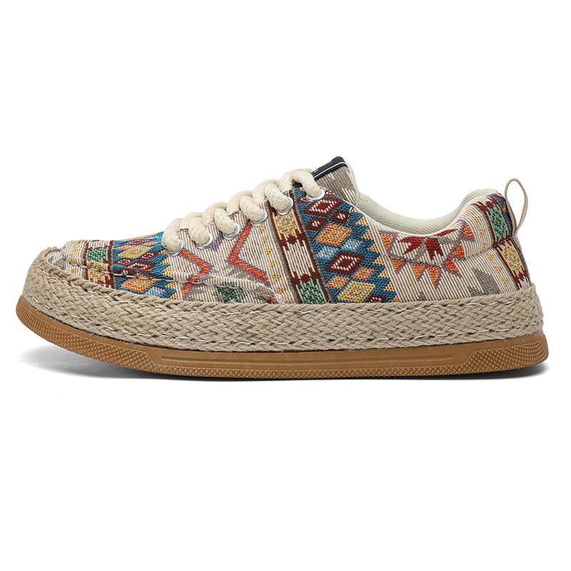 Wide Toe Ethnic Embroidered Casual Shoe For Men Chinese Style Linen Spring Sneaker Gentlmen Vintage Dress Flats Lace-up