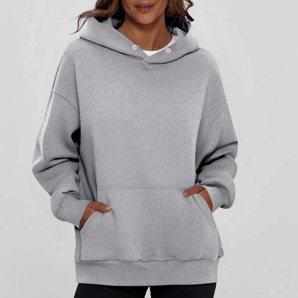 Ladies' Fashionable Solid Color Casual Hooded Pocket Long Sleeved Top