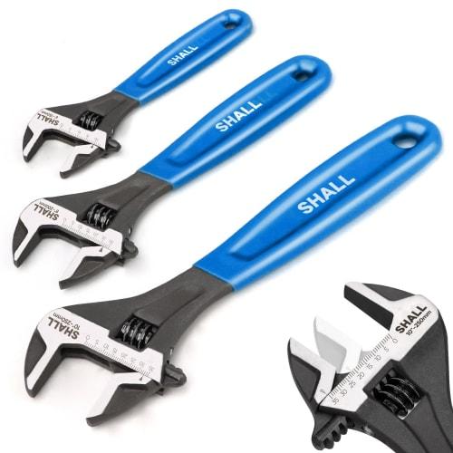 SHALL 3-Piece Adjustable Wrench Set with Rubber Mat, 150, 200, and 250mm Cr-V Steel Wrenches with Laser-Etched SAE Scale, for Home, Garage, DIY, and W
