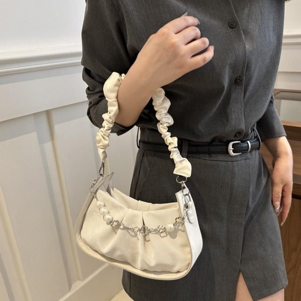 PU Leather Cloud Shoulder Bag Korean Style Pleated Handbag Pearl Chain Crossbody Bag  Office Worker