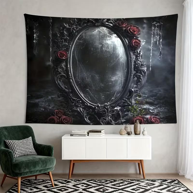 2D Spooky Gothic Backdrop, Cracked Black Mirror with Red Roses & Dark Mist Background Cloth