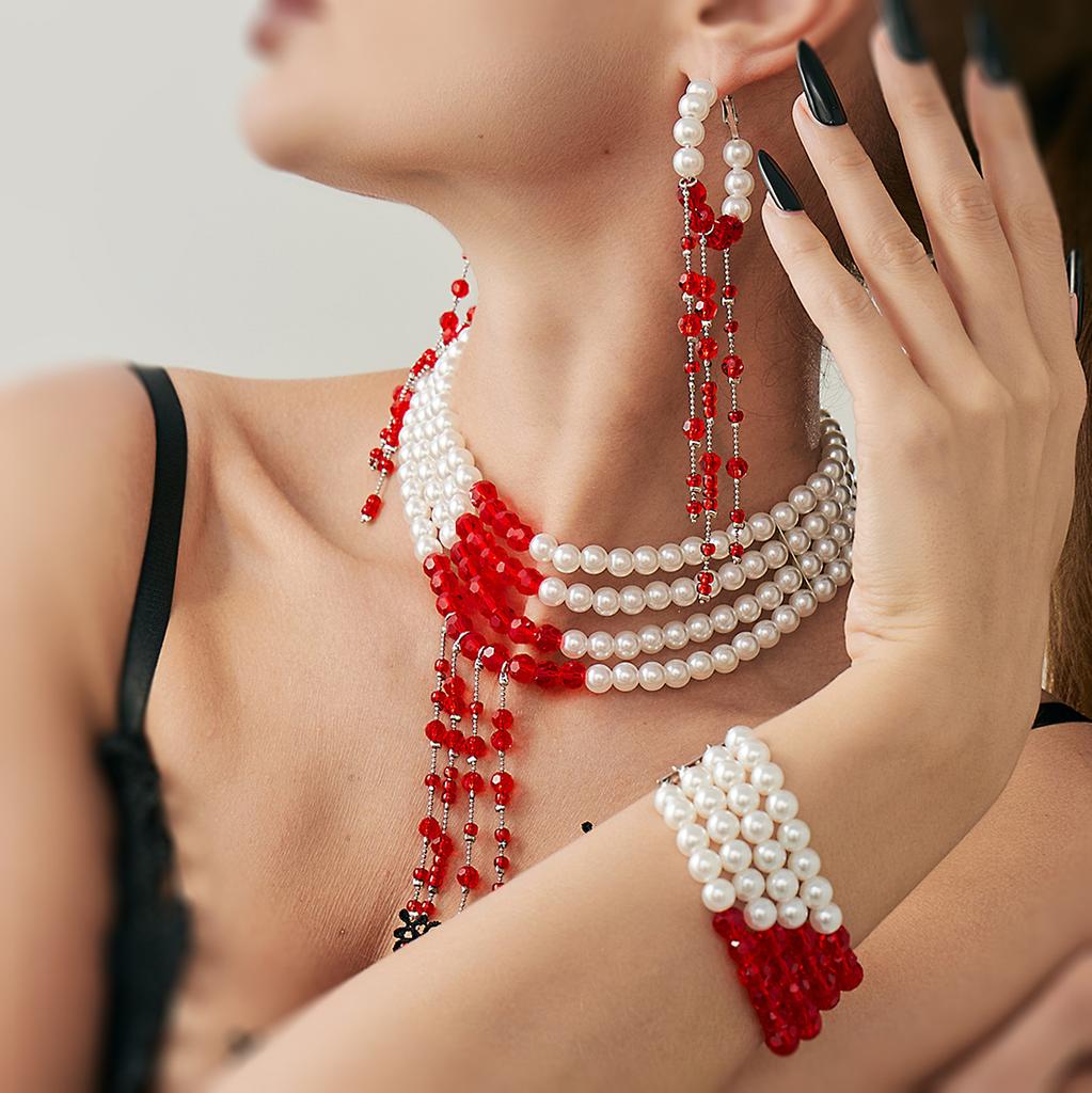 Sweet Cool Goth Blood Dripping Fringed Necklace Choker Halloween Blood Imitation Pearl Beaded Necklace