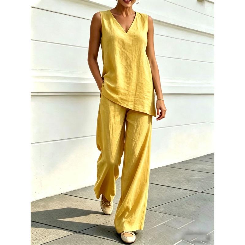 PEYWOW Costume de pantaloni casual de modă pentru femei, fără mâneci, cu decolteu în V