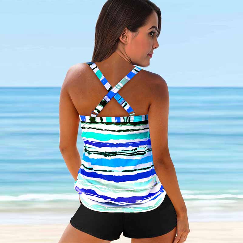 Women's Shoulder Strap Swimsuit Same Tone Stripes Print Bikini Tankini Swimsuit