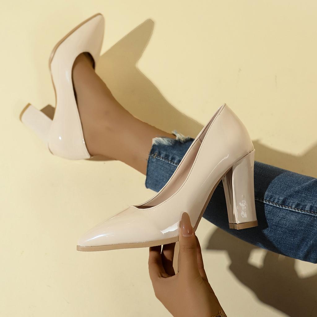 Nuove Décolleté con Tacco Quadrato Scarpe da Donna Ufficiali Tempo Libero Taglia Super Grande Tacco Alto Donna Pelle Verniciata Sexy Scarpe da Festa Nuziale