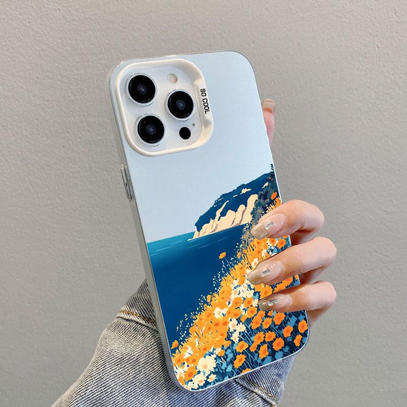 Mountains And Plains Fresh Flowers Laser Phone Case For iPhone 14 15 16 Pro Max Plus 13 Mini 11 12 Pro Max Shockproof Back Cover