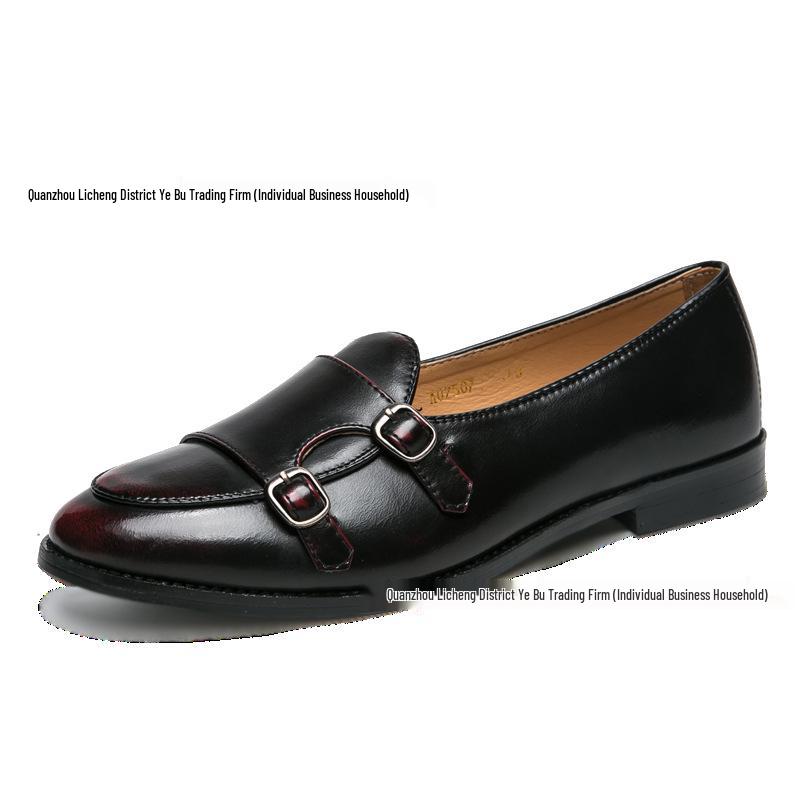 Men's Cross-Border Leather Monk Shoes: Burnished Pointed Toe, British Style for Formal and Casual Wear