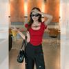 Red Shoulder Square Neck Lace Short-sleeved T-shirt Women's Summer Niche Design Sense Sexy Hot Girl Small High Waist Top