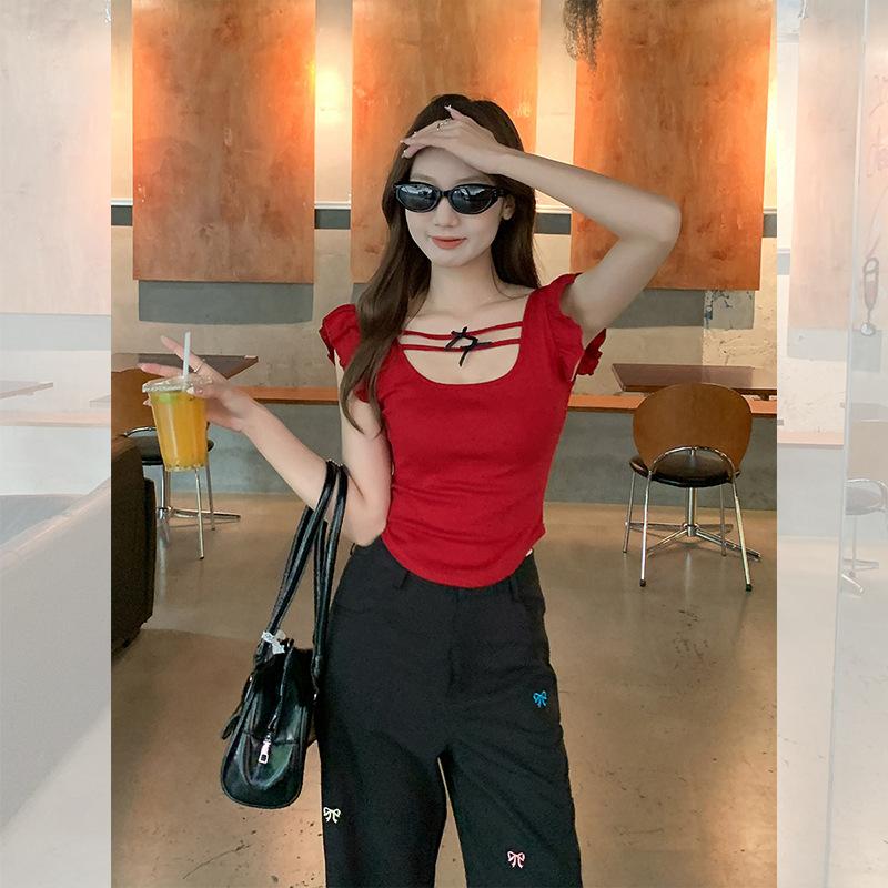 Red Shoulder Square Neck Lace Short-sleeved T-shirt Women's Summer Niche Design Sense Sexy Hot Girl Small High Waist Top