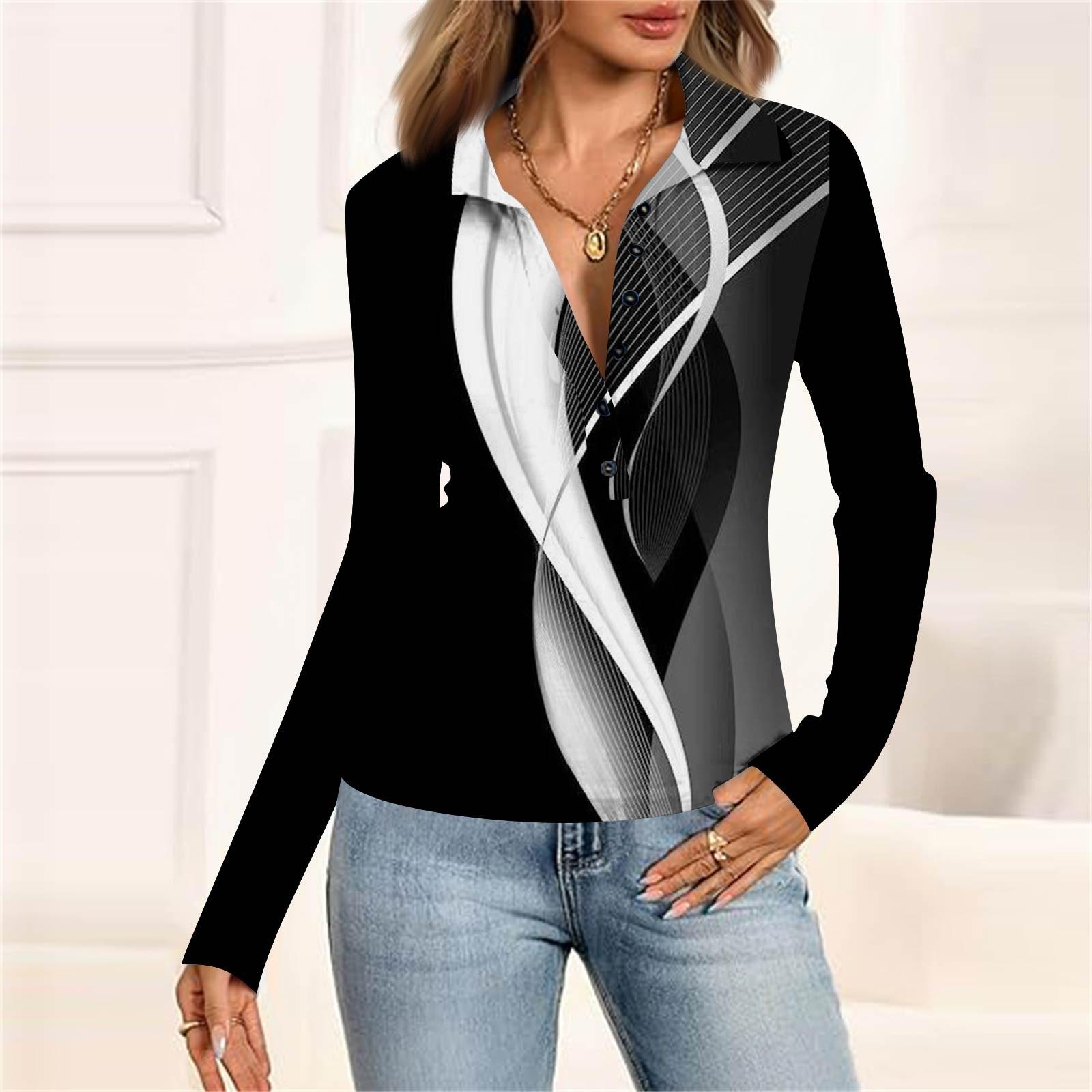 

Women s Fashion Casual Printed V-Neck Long Sleeve Button-Down Top L чорний