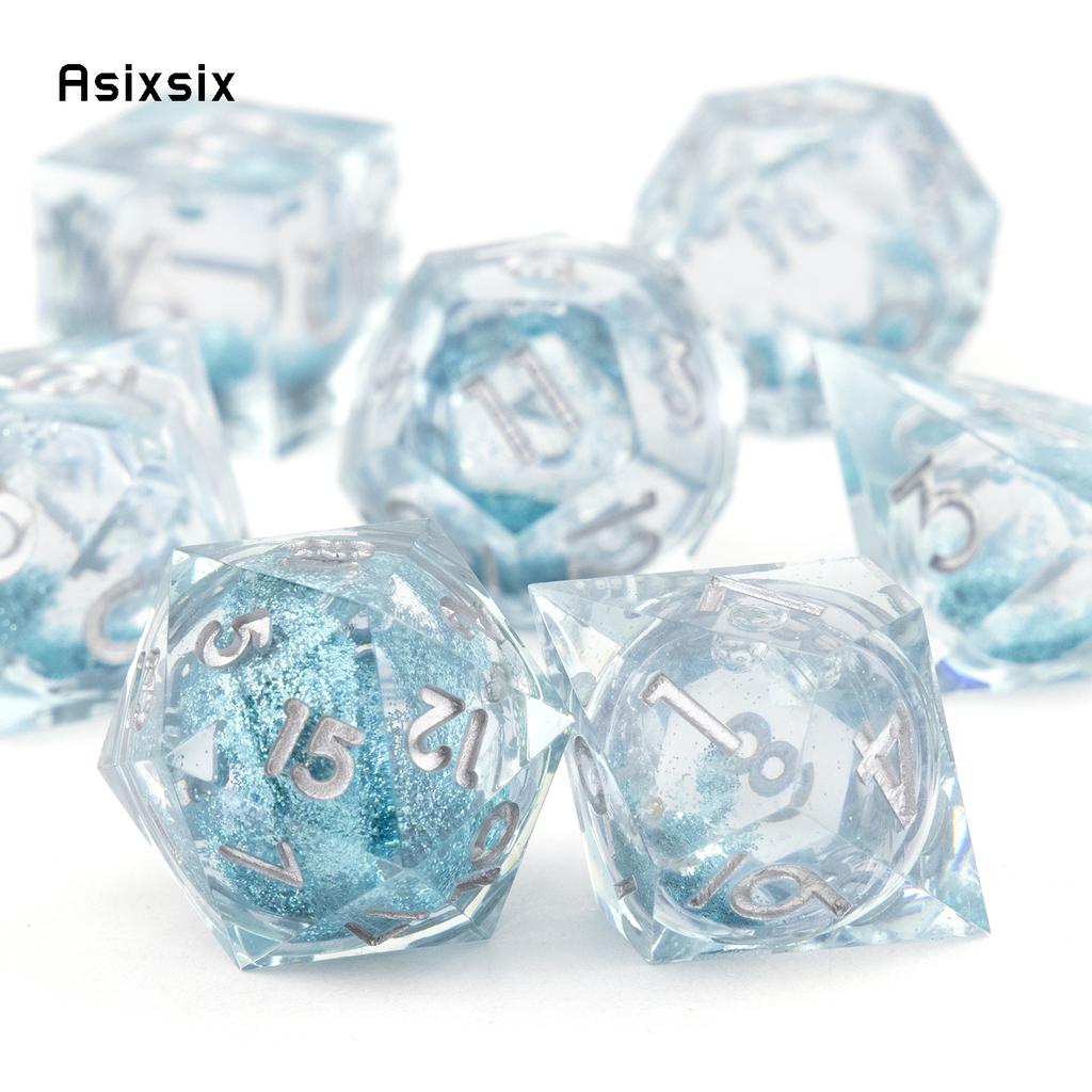 7 Pcs Transparent Blue Resin Flowing Sand White Number Sharp Edge Dice Polyhedral Dice Suitable For Dice PropBoard Game